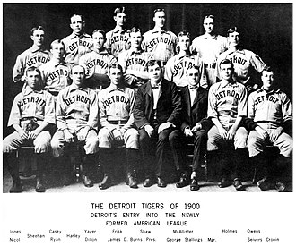 Black and white picture of the first Detroit Tiger team in the American League in 1900.
